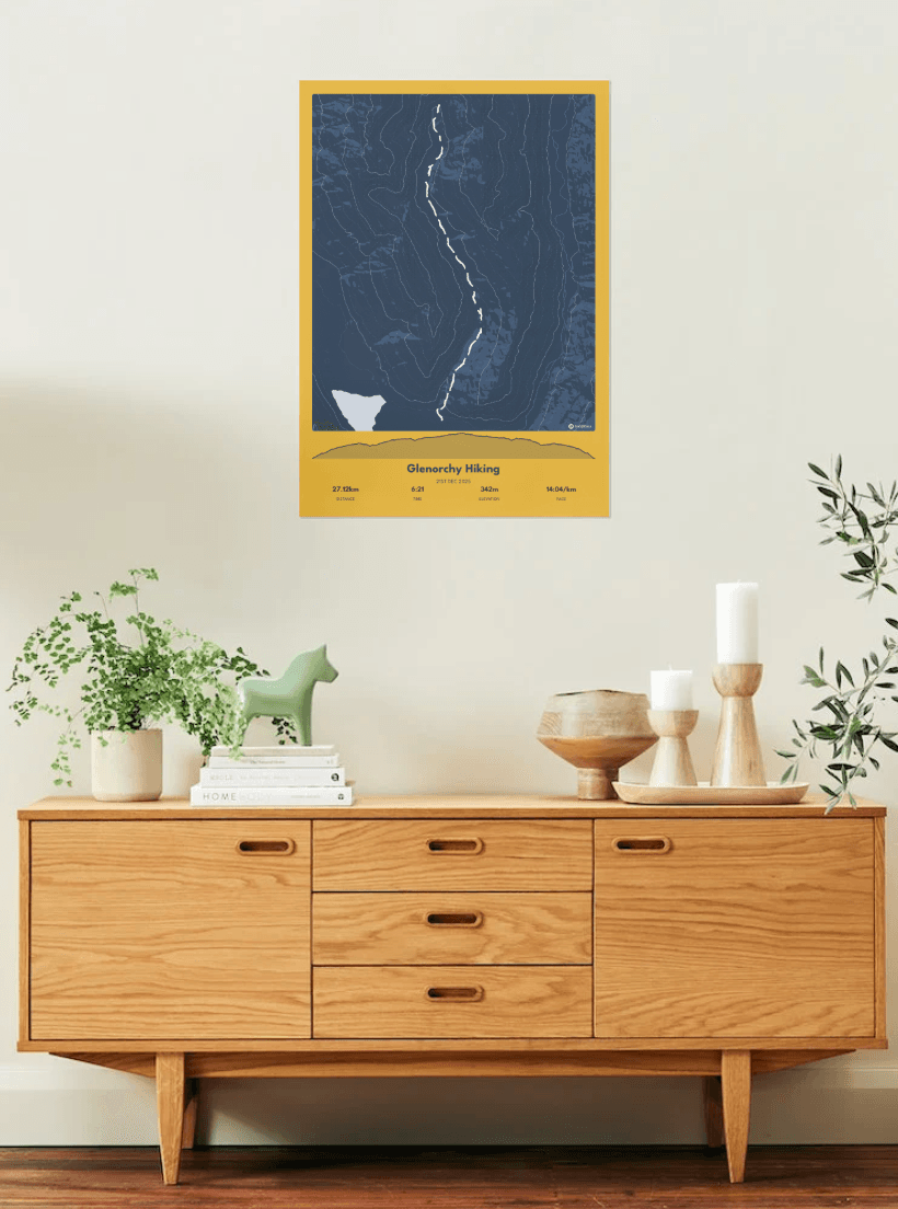 Glenorchy Hiking poster in golden frame on beige wall