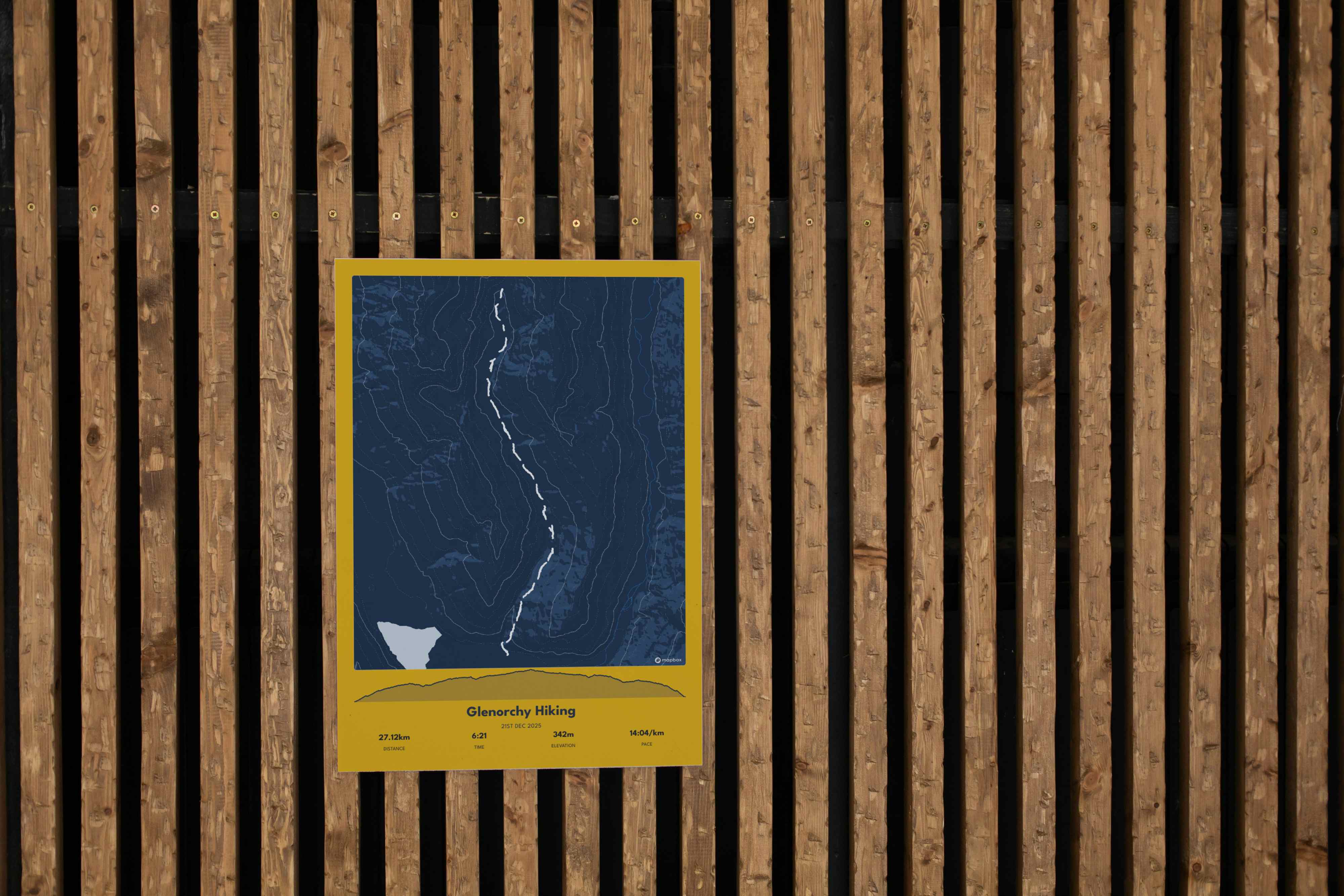 Glenorchy Hiking poster with yellow frame on wooden background